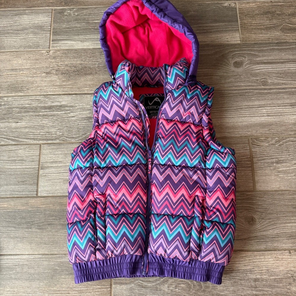 Vertical 9 Kids Puffer Vest Girls Size M 10 12‎ Purple Pink Teal Chevron Hooded